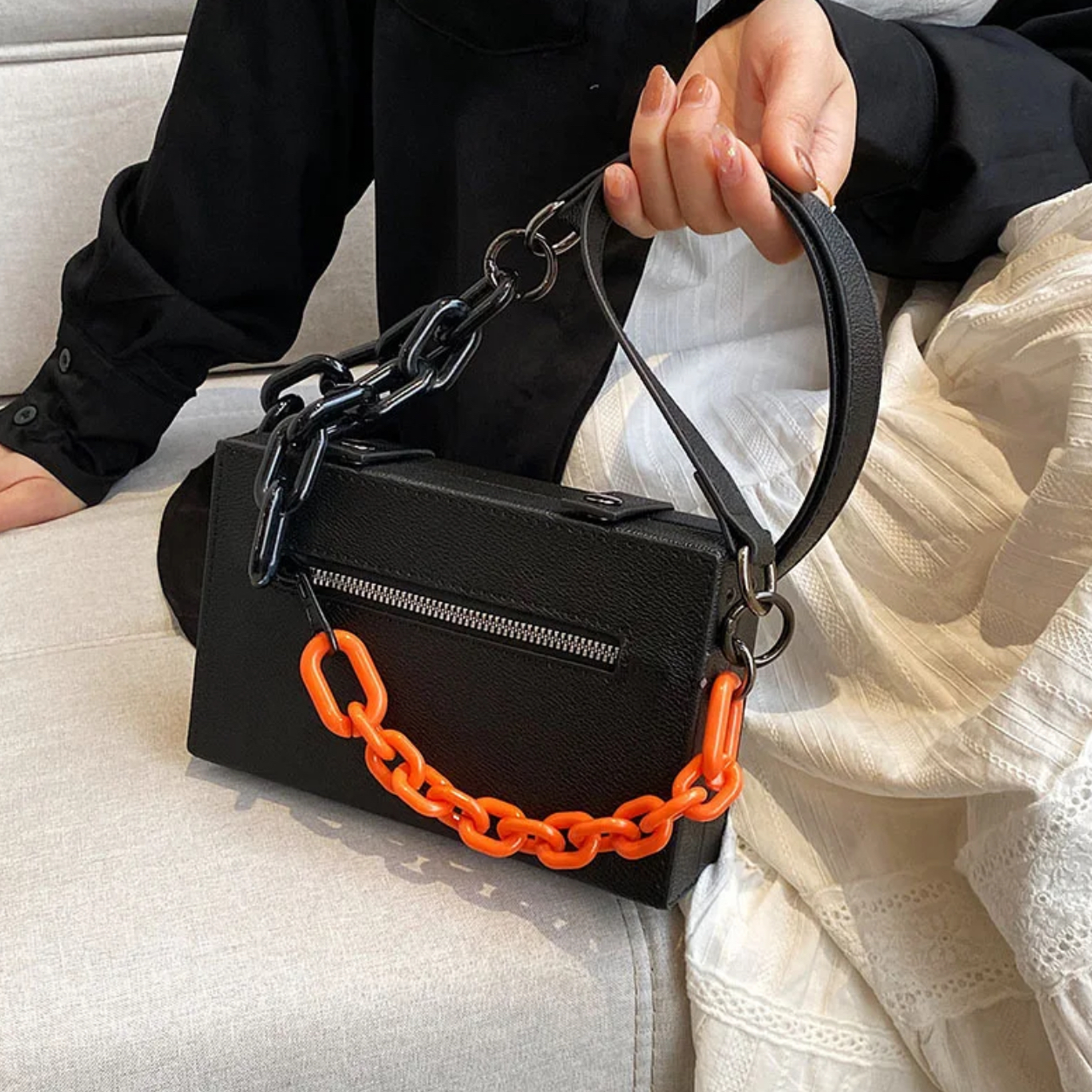 Box Purse with Orange Link Chain