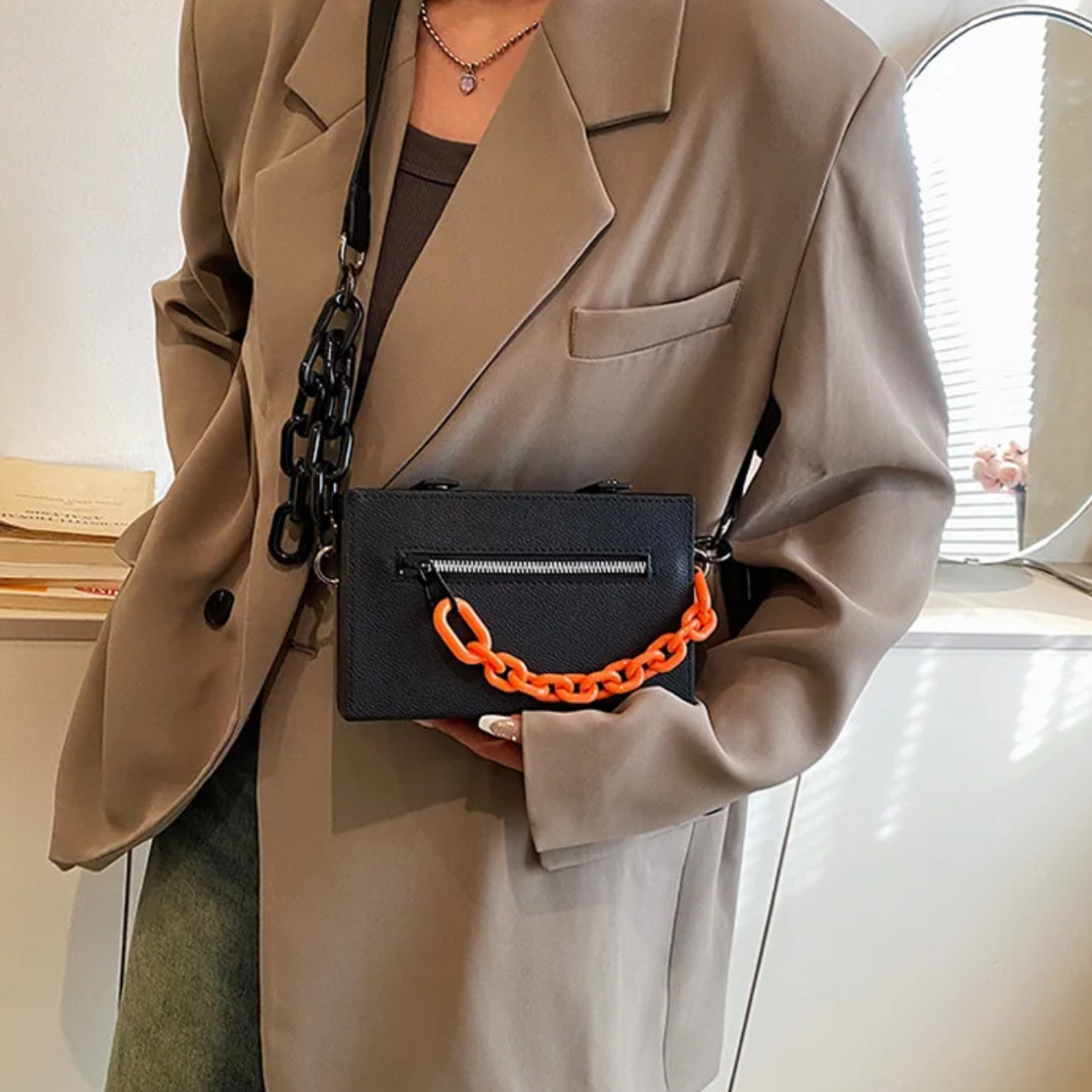 Box Purse with Orange Link Chain