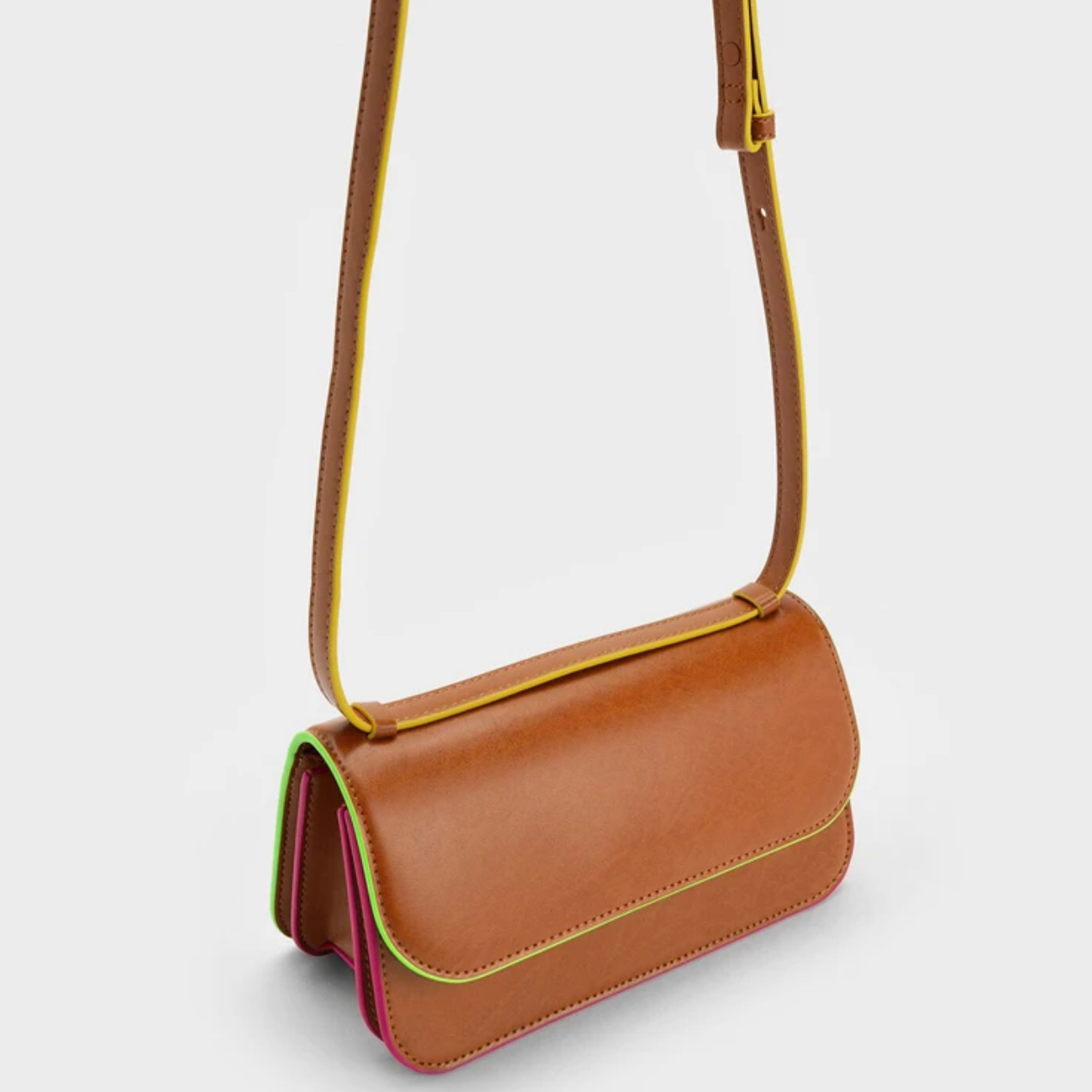 Neon Color Trimmed Crossbody Bag - Tan